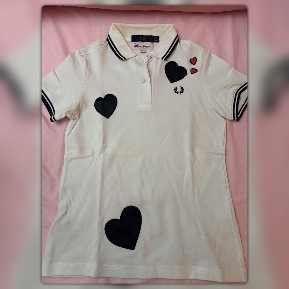 Fred Perry White Polo with Black and Red Hearts